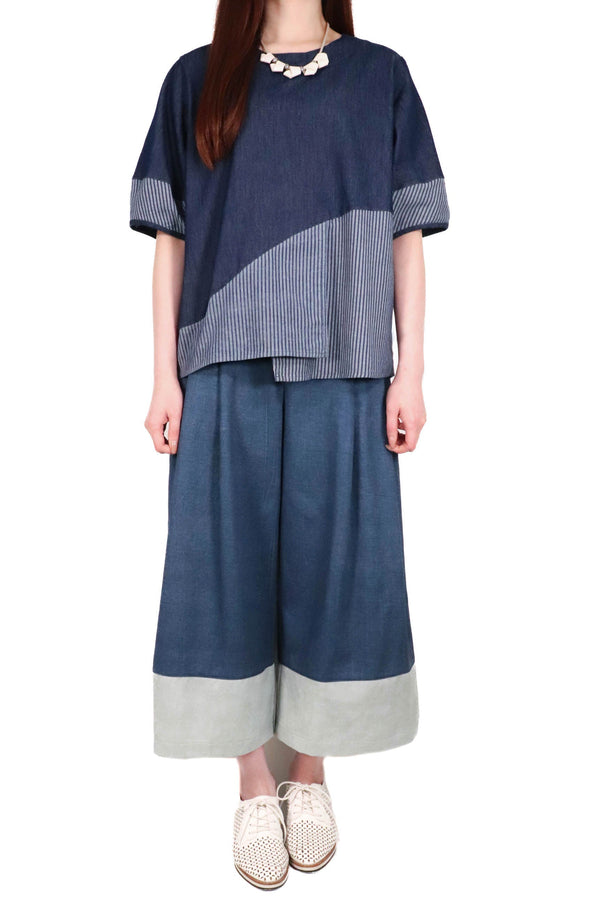 牛仔流線開叉直條上衣 (日本布料) - Chic Collection
