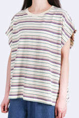 [預訂] 寛鬆彩色橫間棉質上衣 (短版) - 米色 - Chic Collection