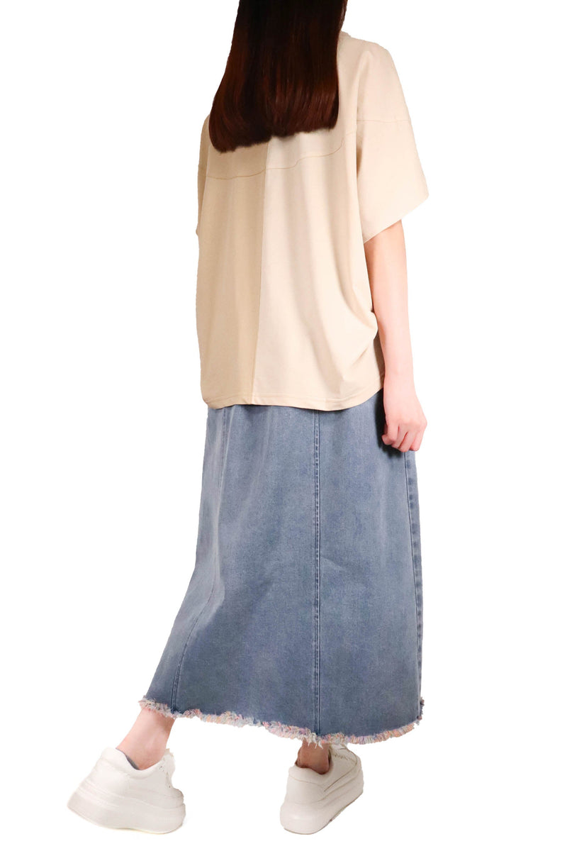左右拼色寬鬆感棉質上衣 (日本布料) - 杏拼米色 - Chic Collection