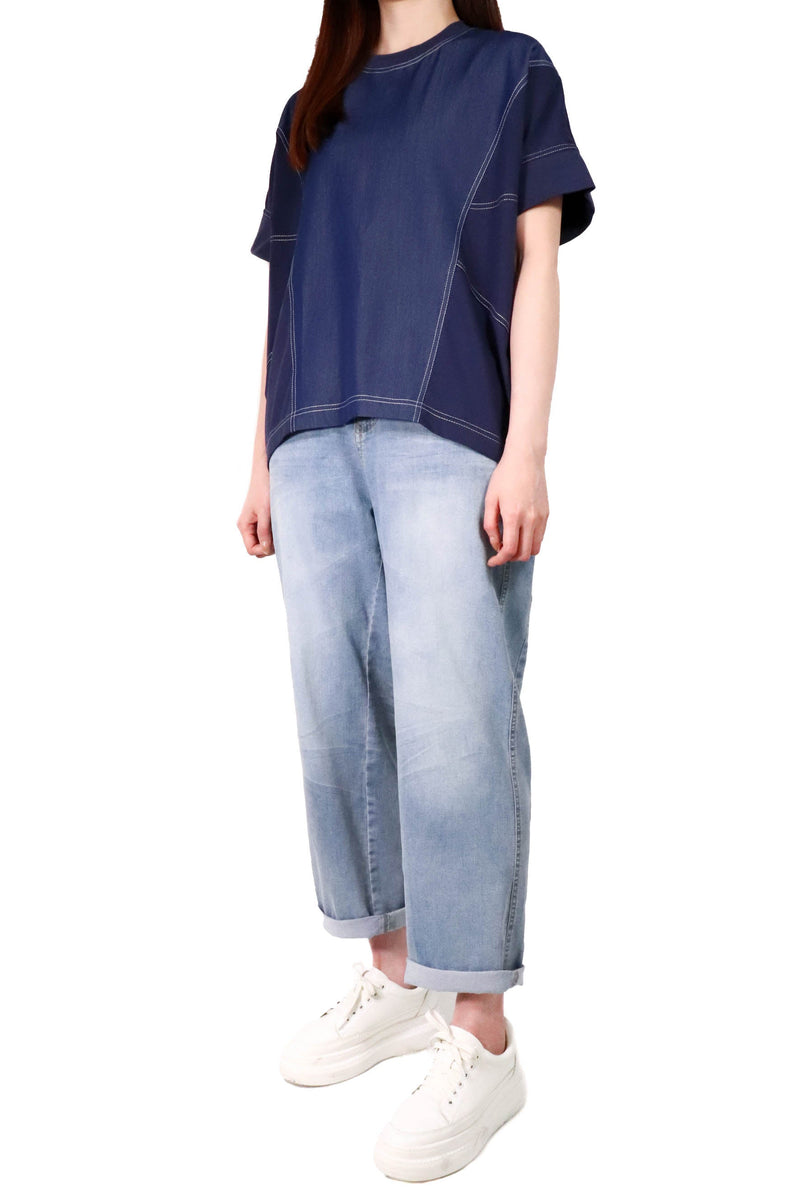 牛仔拼布明線上衣 - 藍色 - Chic Collection