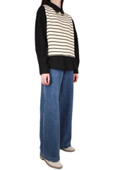 橫間線織接拼假兩件裇衫 (拼日本布料) - 米白色 - Chic Collection