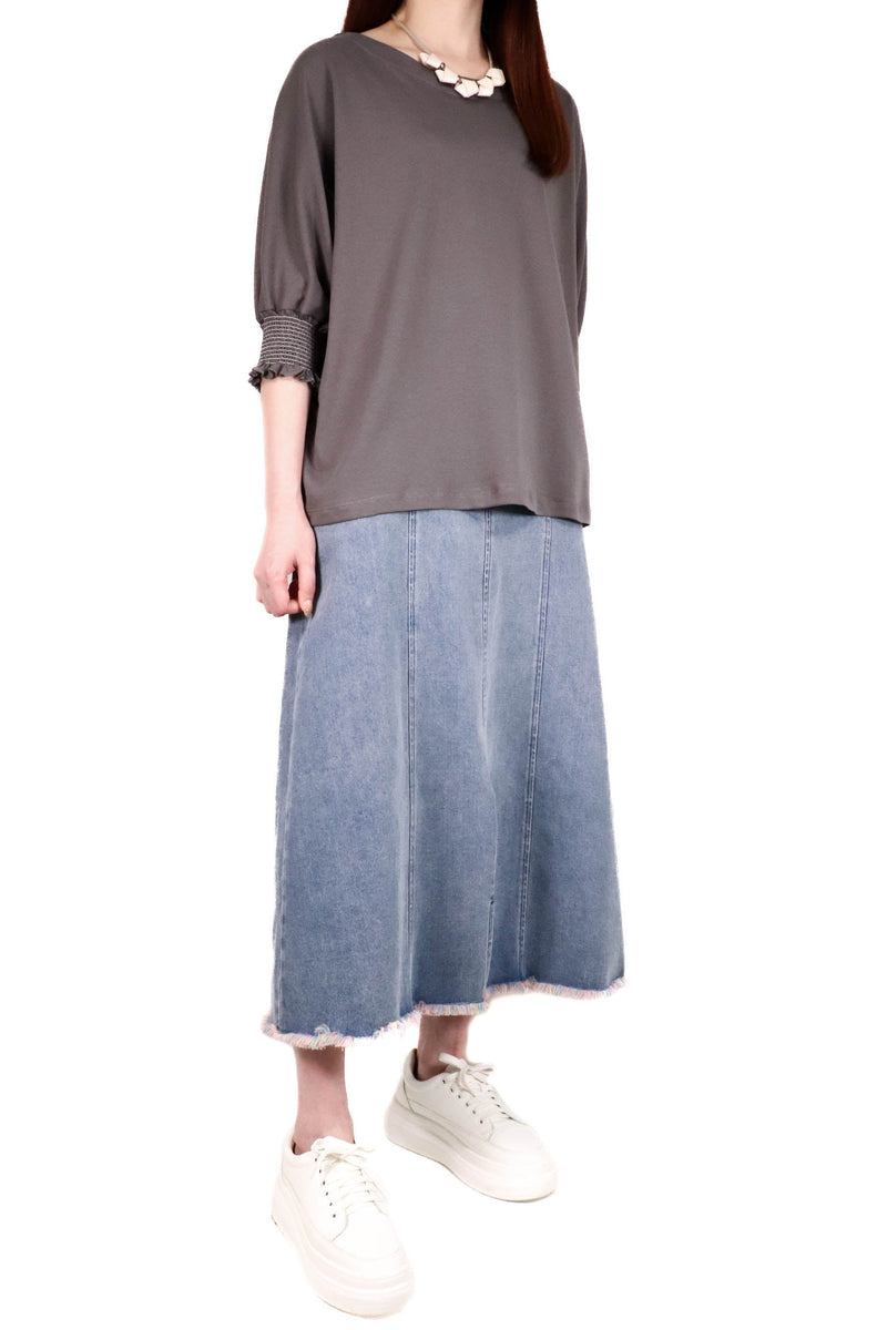 橡筋泡泡袖棉質上衣 - 灰色 - Chic Collection