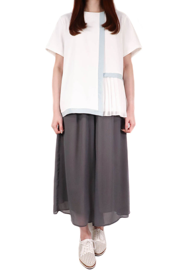 側百摺拼色雪紡上衣 (日本布料) - 白色 - Chic Collection