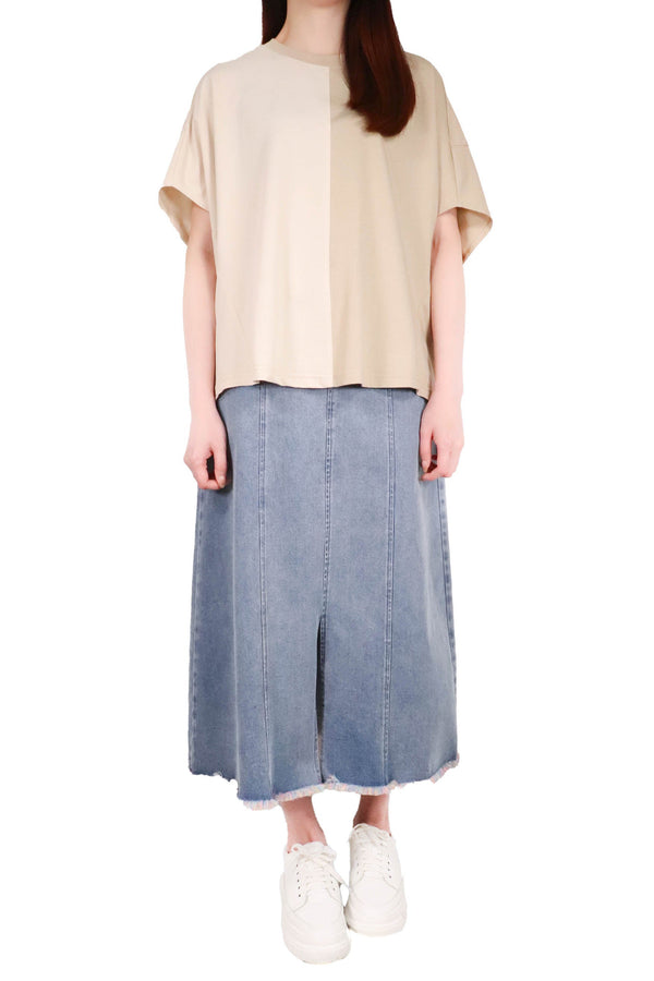 左右拼色寬鬆感棉質上衣 (日本布料) - 杏拼米色 - Chic Collection