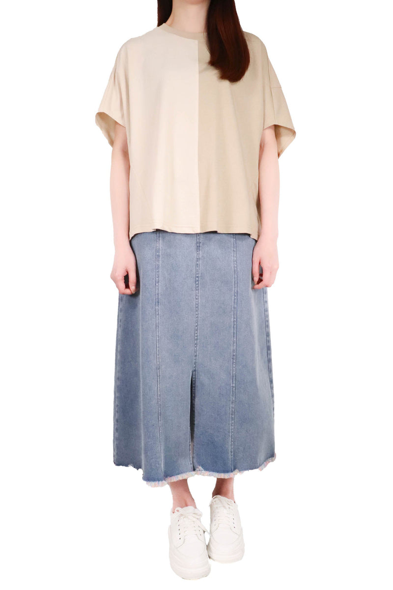 左右拼色寬鬆感棉質上衣 (日本布料) - 杏拼米色 - Chic Collection