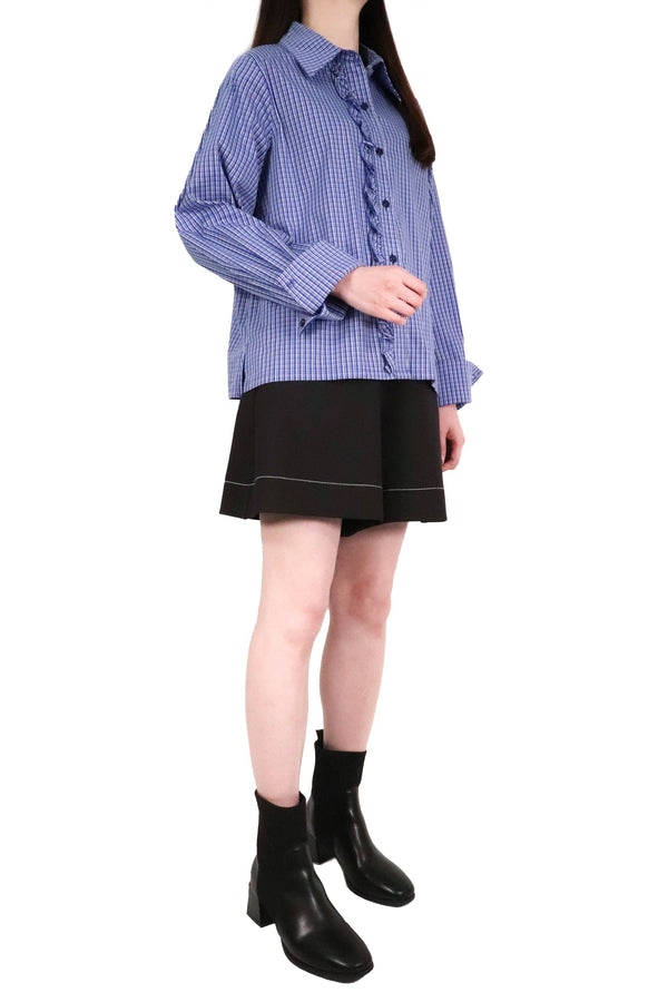 細格紋木耳邊裇衫 (日本布料) - 彩藍格仔 - Chic Collection