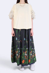 拼色紗袖棉質上衣 - 米色 - Chic Collection