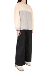 下拼暗閃格紋棉質上衣 (拼日本布料) - 米色 - Chic Collection