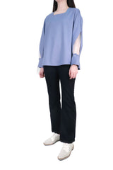 方領勾根紗拼袖上衣 (日本布料) - 藍色 - Chic Collection