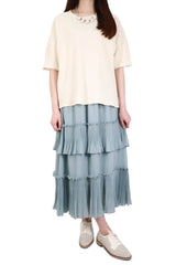 縐縐暗紋接拼花邊袖上衣 - 米色 - Chic Collection