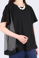 暗紋後拼格仔透網紗上衣 (拼日本布料) - 黑色 - Chic Collection