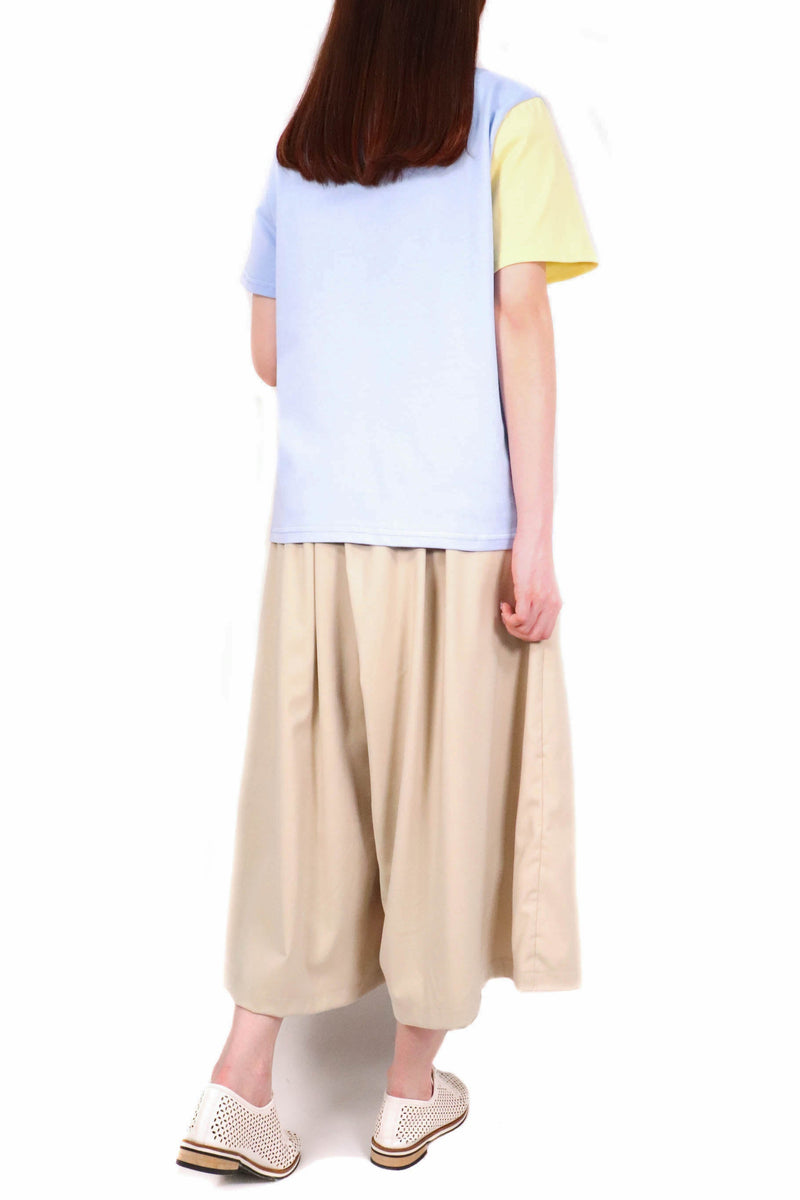 斜拼色袋口棉質上衣 - 淺藍色拼黃色 - Chic Collection