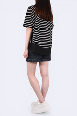 橫間拼弧形皺紗棉質上衣 - 黑底白條 - Chic Collection