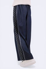 兩側刺繡牛仔闊褲 - 藍色 - Chic Collection