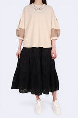 [預訂] 網格泡泡袖接拼棉質上衣 - 杏色 - Chic Collection