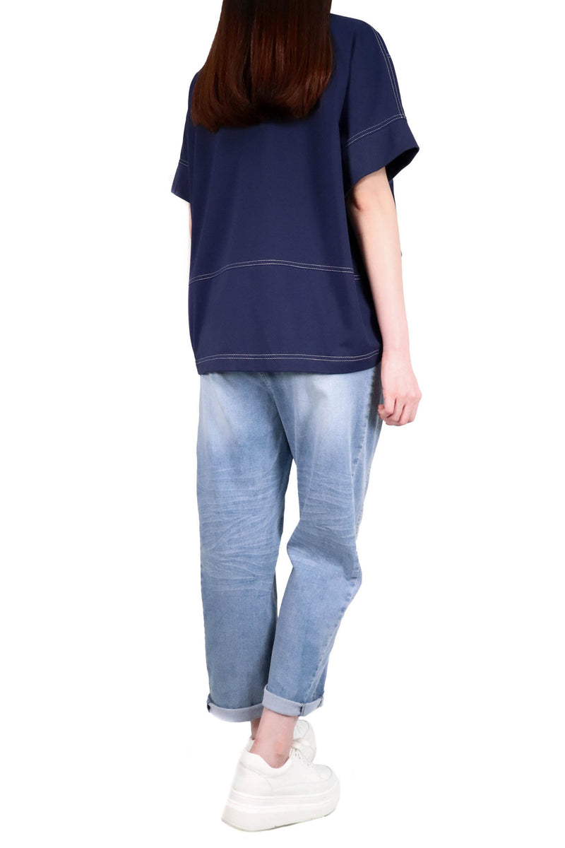 牛仔拼布明線上衣 - 藍色 - Chic Collection