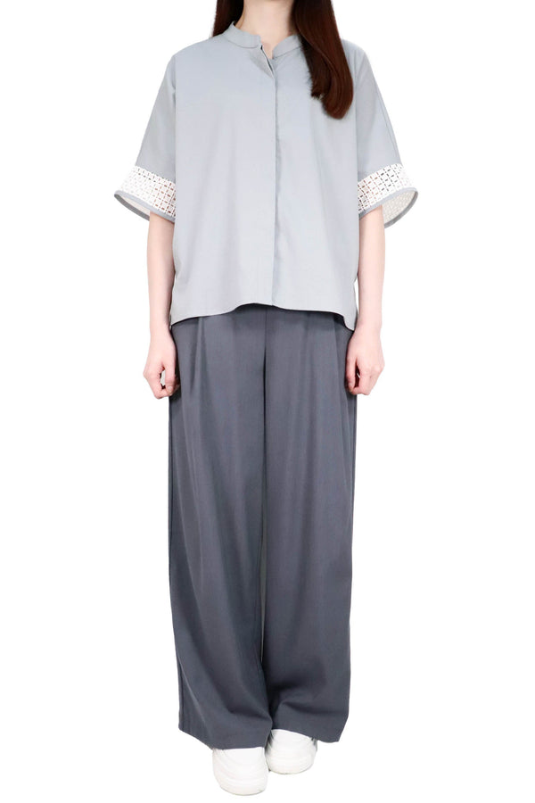 圓領通花袖裇衫 (日本布料) - 灰色 - Chic Collection