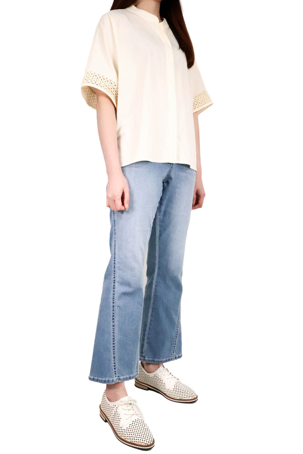 圓領通花袖裇衫 (日本布料) - 米色 - Chic Collection