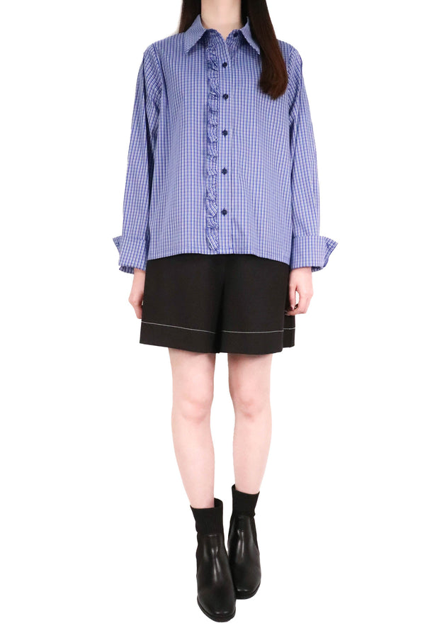 細格紋木耳邊裇衫 (日本布料) - 彩藍格仔 - Chic Collection