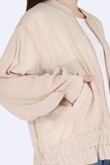 下擺束帶雙拉鍊薄外套 - 杏色 - Chic Collection