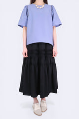 包邊打褶袖立體質感上衣 - 紫藍色 - Chic Collection