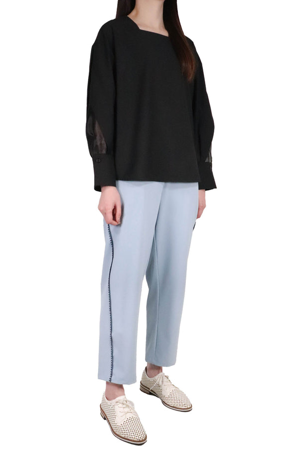 方領勾根紗拼袖上衣 (日本布料) - 黑色 - Chic Collection