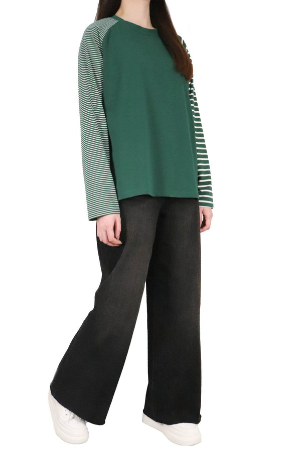 粗幼橫間袖棉質上衣 - 綠色 - Chic Collection