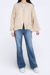 下擺束帶雙拉鍊薄外套 - 杏色 - Chic Collection