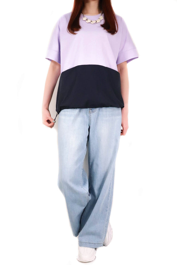 風衣拼色插袋棉質上衣 (拼日本布料) - 紫拼深藍色 - Chic Collection