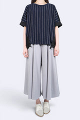 質感直條拼彈力混紡束腳上衣 (拼日本布料) - 深藍色 - Chic Collection