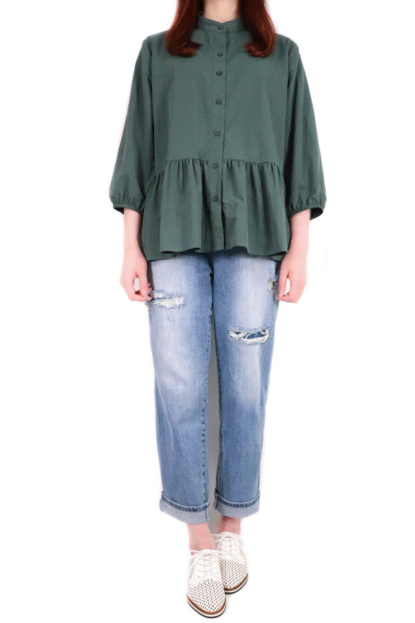 圓領造型防潑水風衣料上衣 (日本布料) - 綠色 - Chic Collection