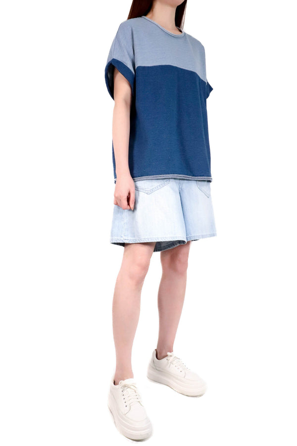 牛仔拼色卷邊棉質上衣 - 深藍色 - Chic Collection