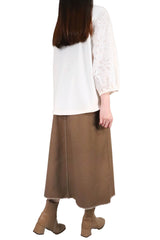 V型通花拼袖棉質上衣 - 白色 - Chic Collection