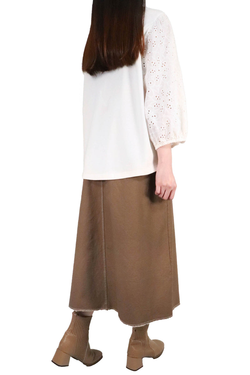 V型通花拼袖棉質上衣 - 白色 - Chic Collection