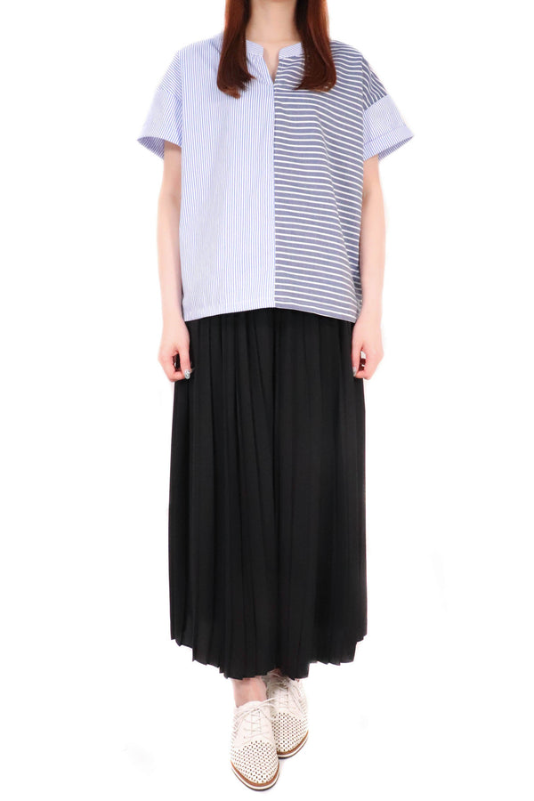 橫直拼條小V領裇衫 (日本布料) - 深藍拼淺藍 - Chic Collection