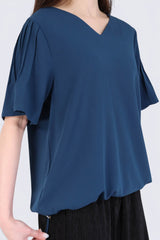 打摺袖束帶V領上衣 (日本布料) - 藍色 - Chic Collection