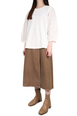 V型通花拼袖棉質上衣 - 白色 - Chic Collection