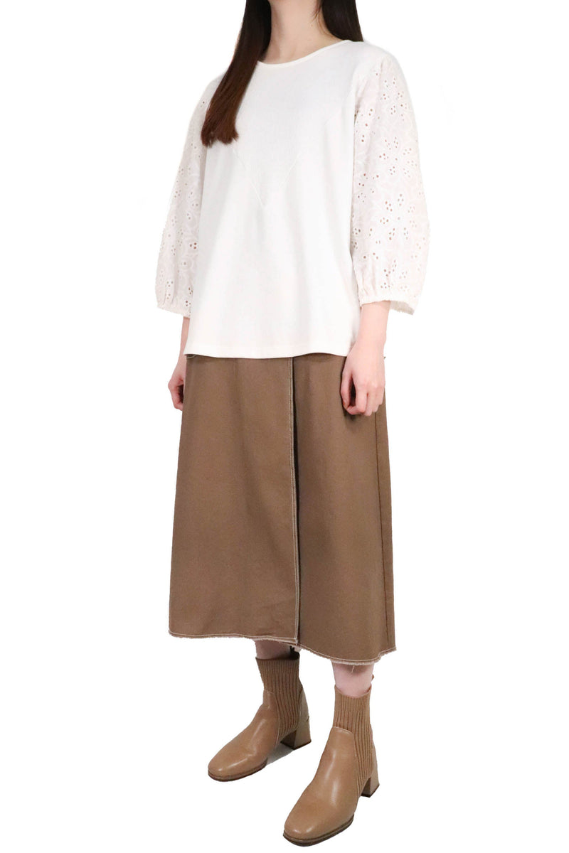 V型通花拼袖棉質上衣 - 白色 - Chic Collection