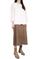 V型通花拼袖棉質上衣 - 白色 - Chic Collection