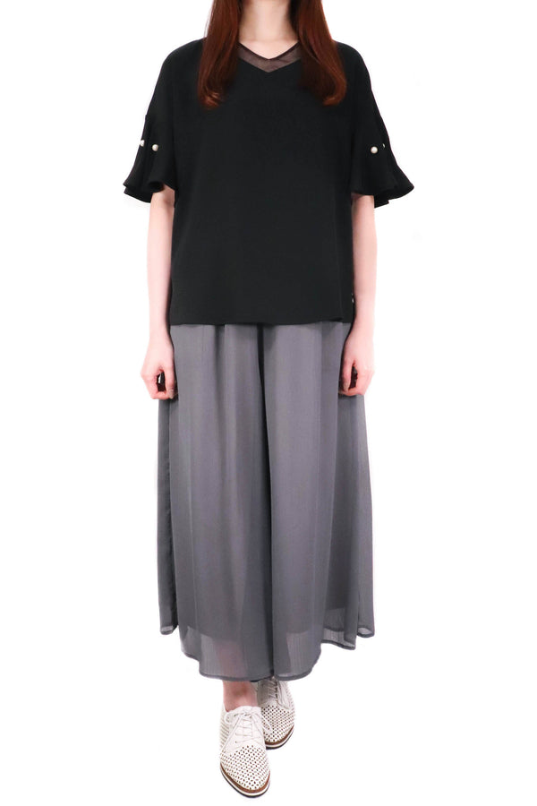 珍珠傘袖V領雪紡上衣 (日本布料) - 黑色 - Chic Collection