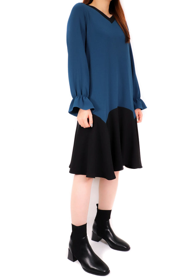 V領拼色下擺連身裙 (日本布料) - 藍綠色