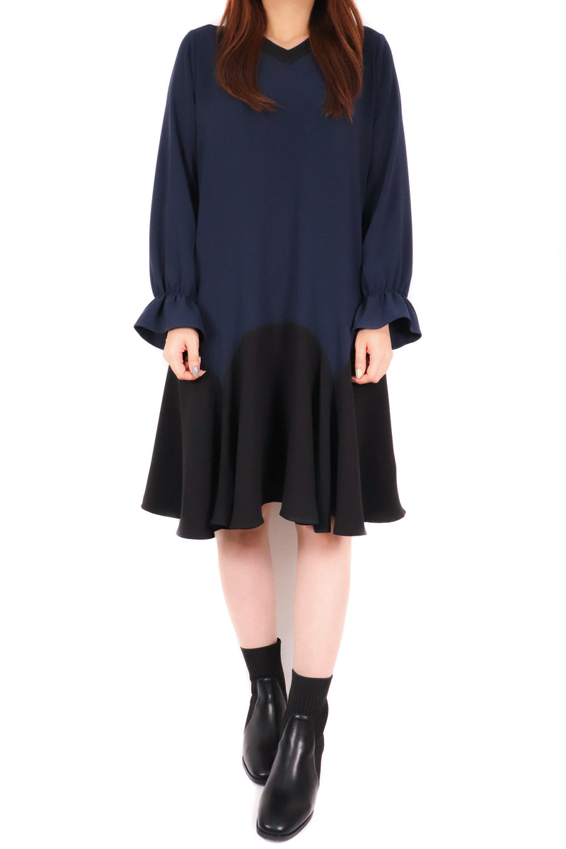 V領拼色下擺連身裙 (日本布料) - 深藍色
