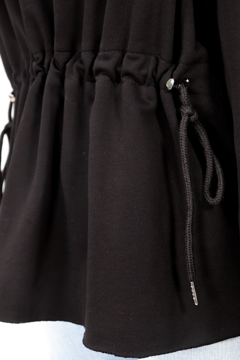 後腰束帶寬袖綿質上衣 - 黑色 - Chic Collection
