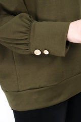 木紋鈕寬袖綿質上衣 - 綠色 - Chic Collection