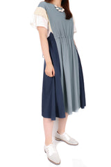 兩側風衣拼色束腰綿質連身裙 - 灰綠色 - Chic Collection