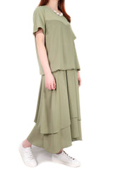 雪紡假兩件束帶連身裙 - 抹茶綠色 - Chic Collection