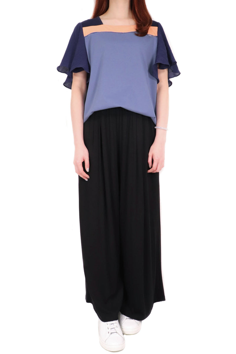 方領拼色傘袖棉質上衣 - 紫藍色 - Chic Collection