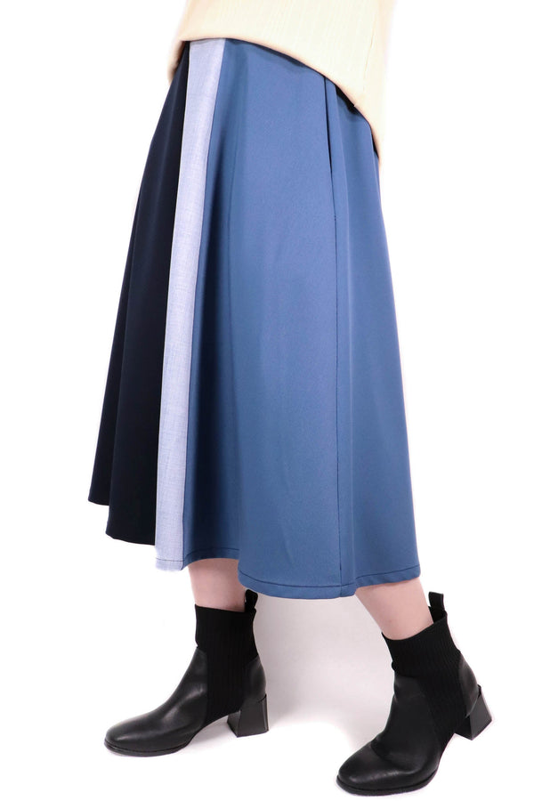三色接拼半截裙 (日本布料) - 深藍色 - Chic Collection