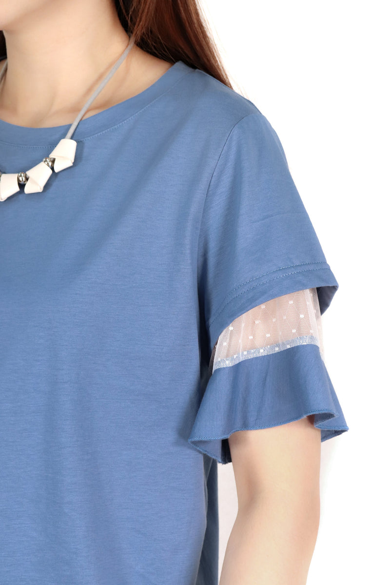 層次網紗透點袖綿質上衣 - 藍色 - Chic Collection