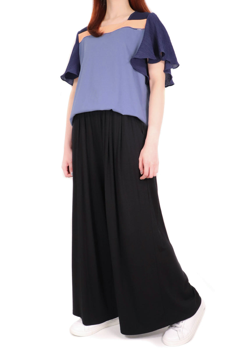 方領拼色傘袖棉質上衣 - 紫藍色 - Chic Collection